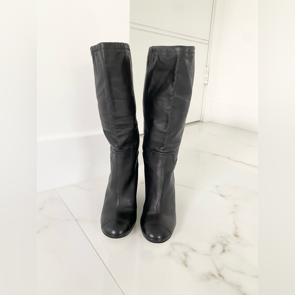 Chanel CC Crystal Embellished Black Leather Wedge Heel Calf Boots - Picture 4 of 12